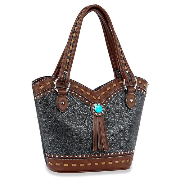 Women's Black Western Style Embossed Tote Handbag - Picture 1 of 2